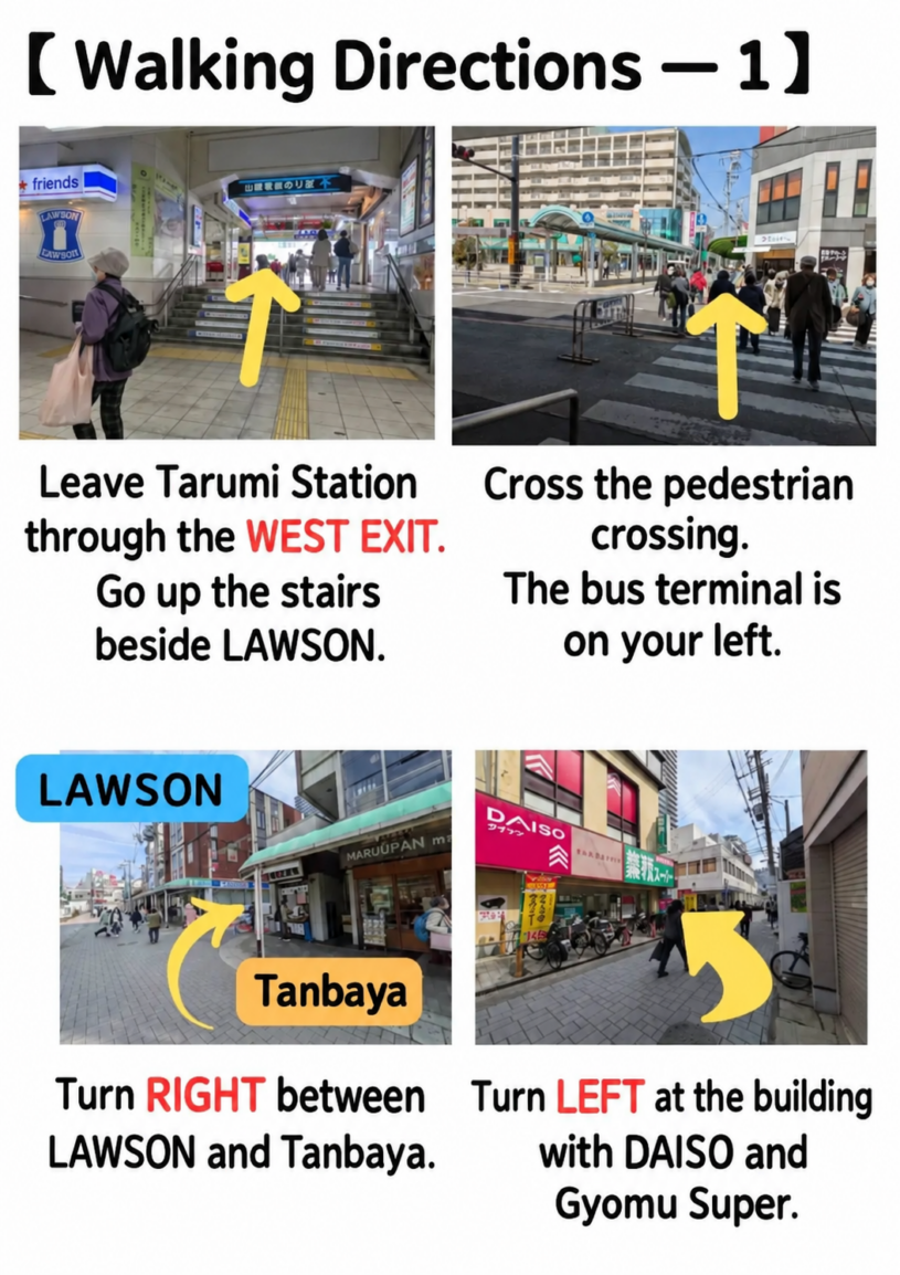 Walking directions from Tarumi Station West Exit to WARAI Organic — Part 1