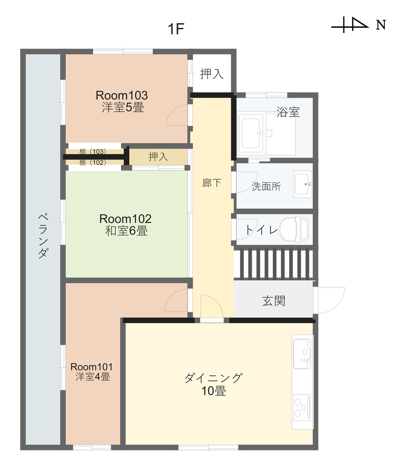 和楽居Nagi 1階の間取り図。Room101・102・103、ダイニング、浴室・洗面所・トイレ。右が北。