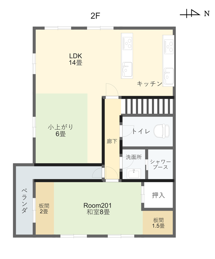 和楽居Nagi 2階の間取り図。Room201、LDK14畳と小上がり6畳、キッチン、シャワーブース。右が北。