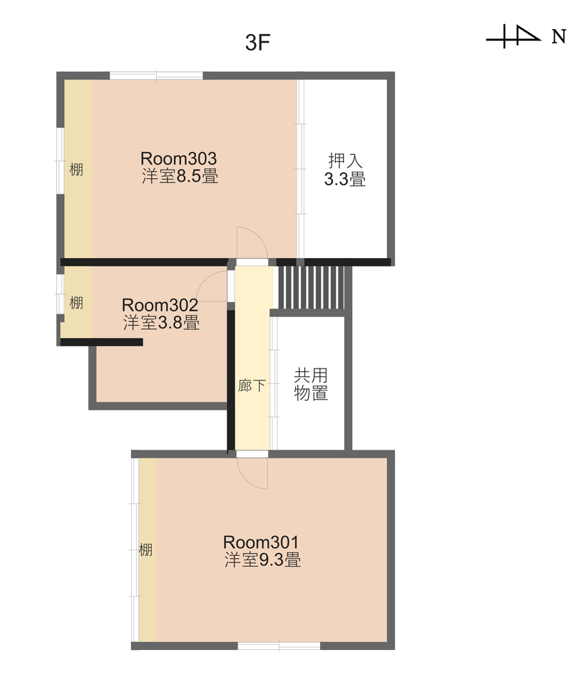 和楽居Nagi 3階の間取り図。Room301・302・303、共用物置と廊下。右が北。